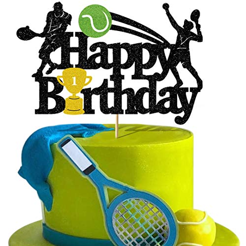 Tennis Cake Topper Tennis Kuchen Dekorationen für Jungen Männer Schwarz Glitzer Tennisspieler Kuchen Topper Schläger Ball Sport Thema Happy Birthday Party Supplies von Bdayshop