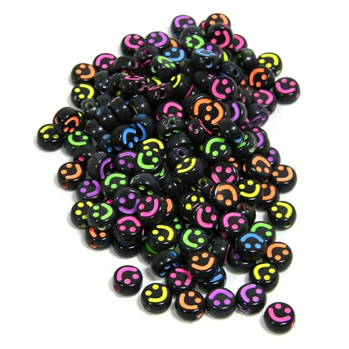 200 schwarze Kunststoff-Acrylperlen, 7 mm, flach, rund, 4 mm dick, mit eingravierten leuchtenden fluoreszierenden farbigen Smiley-Gesichtern von Bdbeads