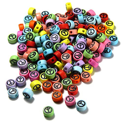 200 sortierte Friedenszeichen-Perlen, 7 mm, rund, flach, Münzform, 200 Stück, mehrfarbiges Kunststoff-Acryl (schwarz) von Bdbeads