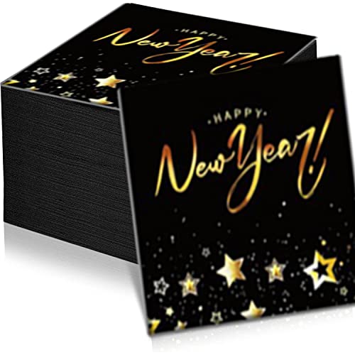 100 Stück, Größe 33x33 cm,Papierservietten Happy New Year Schwarze Servietten mit goldmetallischer Happy New Year Aufschrift Schwarz/Gold Silvester Neujahr Party Dekoration von Bdecoll