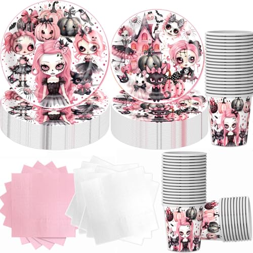 100 teiliges Halloween Deko Geschirr Set für 25 Gäste,Halloween Geburtstag Party Zubehör Dekoration,Rosa Halloween Party Pappteller mit Becher Servietten von Bdecoll