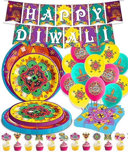 91 teiliges Happy Diwali Tischdekorationen set 24 Gäste Festival of Lights Indian Traditional Festival Geschirr Set für Diwali Deepavali Hochzeit Mehndi (Yellow) von Bdecoll