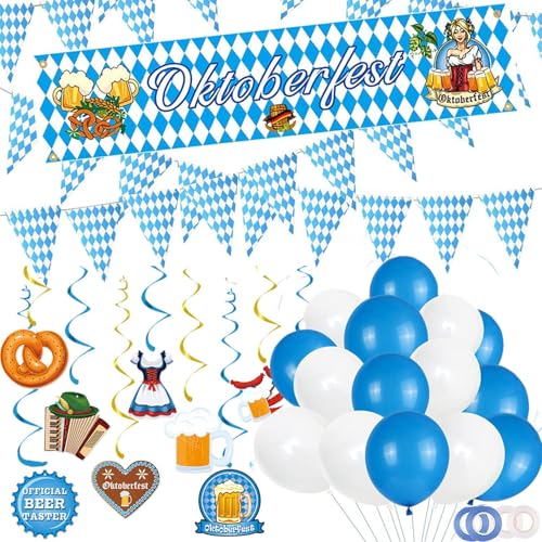 119-teiliges oktoberfest deko set, Oktoberfest-Dekoration, Wimpelgirlande, blau/weiß, Bannerballon, Oktoberfest-Set im bayerischen Stil für die Wiesn-Party im Freien (Blue-3) von Bdecoll