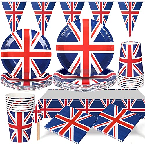 65stück 16 Gäste Wimpelkette Union Jack,Britische Flagge Party Supplies Geschirr Set für Großbritannien Großbritannien England Party Urlaub Picknick BBQ Papierware Dekoration von Bdecoll