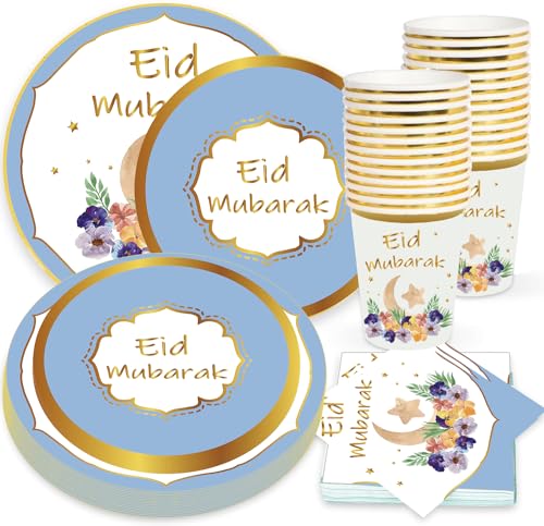 128pcs Luxuriöses Weißgold Eid Mubarak Geschirr Reusable Set für Ramadan Mubarak Tischdekorationen Muslimisches Ramadan Dessertteller Eid Servietten Teller für Ramadan Party von Bdecoll