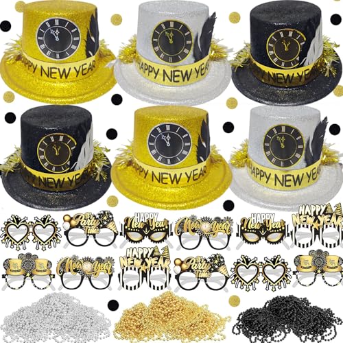 Bdecoll 30 Stück Silvester Deko 2025 Party Set,Glitzer Schwarz Gold Silber Neujahr Partyhüte,Squawkers,silvester brille,silvester Halsketten für Neujahrdeko 2025 Silvester Party Accessoire von Bdecoll