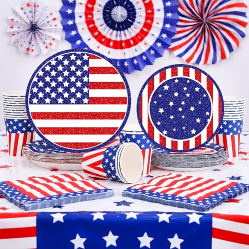 65-teiliges Party-Set USA 16 Gäste USA 4. Juli Amerikanische Party Geschirr Set für Amerikanische Flagge - Teller Becher Servietten USA BBQ Papierware Dekoration von Bdecoll