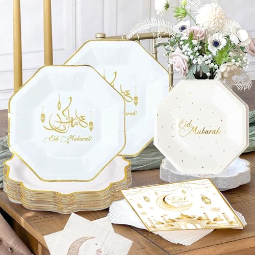 Bdecoll 84 pcs Eid Mubarak Wiederverwendbare Papier Geschirr Set für Ramadan Mubarak Tischdekorationen Ramadan Dessert Teller Eid Party Servietten Teller für Ramadan Party von Bdecoll