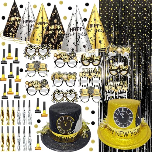 Bdecoll Glitzer Silvester Deko 2025 Set,Frohes Neues Jahr Brille,8stk Schwarz und Gold Partyhüte Silvester Neujahrdeko Silvesterparty Accessoire für Weihnachten Neujahr Party Dekoration von Bdecoll