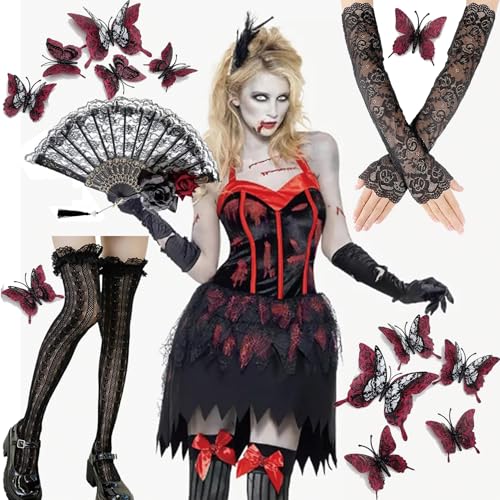 Bdecoll Halloween kostüm gothic Kostüm Damen Set,Schwarz-Lace Strumpfhose,Spitze Stirnband,Papier Fans und 12Stück Schwarz Rot Wandtattoo Schmetterlinge 3D von Bdecoll