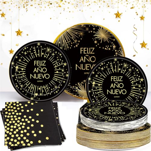 Bdecoll Neues Jahr Pappteller Servietten 25 Gästen Frohes Neues Jahr Deko Servietten Partygeschirr, Happy New Year Deko Partyzubehör Silvester Party Zubehör 2025 (Schwarzes Gold) von Bdecoll