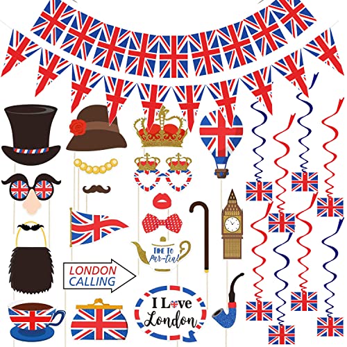 British National Day Festival Party Set,20 stücke Britische Flagge Photo Booth Requisiten,3 stücke Wimpelkette Union Jack, Länge 10 Meter,8 stücke Britischen Union Jack Hang Spiral Dekor von Bdecoll