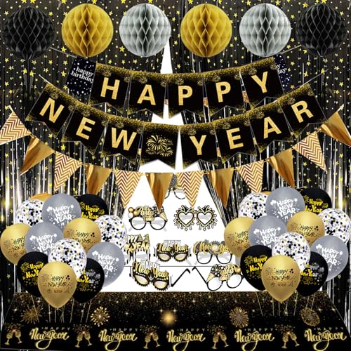 Neujahr 2025 Dekorationen Ballon Kits,Happy New Year Veranda-Schild,2025 Silvester Deko, Schwarz Gold Neujahr Dekoration von Bdecoll