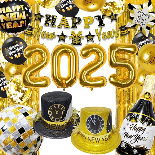 Schwarz Gold Deko 2025 Dekoration Set,Silvester Deko Set XXL 2025,Neujahr Golddeko Huts, Happy New Year Neujahr Banner,Neujahr Foil 2025 Ballons, Neujahrsdeko von Bdecoll