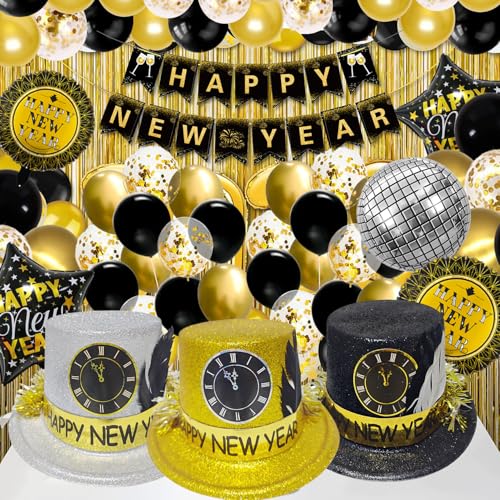 Schwarz Gold Silvester Deko,Silvester Deko 2025 XXL Dekoration Set,Folienballon Silvester Dekoration,Frohes Neues Jahr Kegel Hüte für 2025 Neujahr Party Dekorationen von Bdecoll