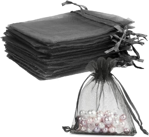 BeLlaq Organzasäckchen Schwarz 10x15cm Kleine Geschenk Organzabeutel, 100 Stück Organza-Beutelchen mit Kordelzug Sie als Hochzeit Bonbonsbeutel, Schmuckbeutel, Geschenkbeutel von BeLlaq