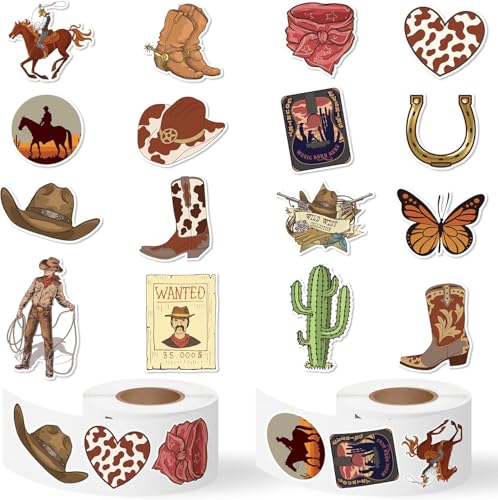 BeYumi 1000 Western-Cowboy-Stickern (2 Rollen), Cowboy-Hut-Stiefel-Kaktus-Dekorationen für Kids, selbstklebende Sticker für Jungen, Wasserflasche, Sketchbuch, Geschenkverpackung Dekoration von BeYumi