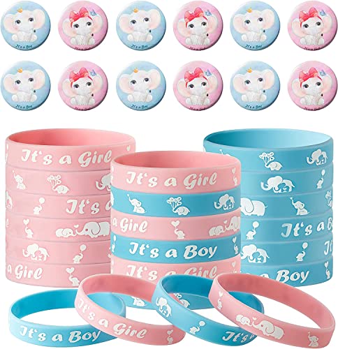 BeYumi 48 Stück Elefanten Gender Reveal Armbänder und Anstecknadel Set, Rosa und Blaue Gummi Armbänder Metall Abzeichen Anstecknadeln für Babyparty Junge Mädchen Geschlechts Offenbarungs Party von BeYumi