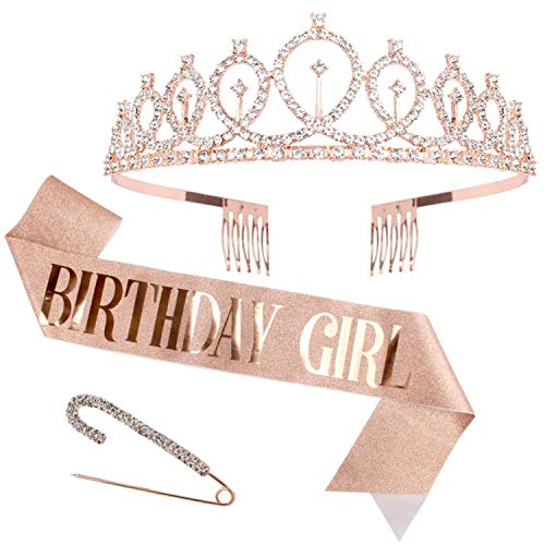 Bea's Party Geburtstagskrone mädchen Schärpe Rosegold Geburtstag Kristall Tiara Diadem für Frauen Prinzessin Haar-Zusätze witzige Geschenke 50 40 18 30 Geburtstag Sweet 16 Krone von Bea's Party