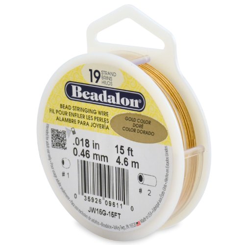 Beadalon Bead Stringing Wire 19-Strand 0.018" (0.46 mm) 15 ft (4.6 m) Gold Color 25-strängiger Edelstahl-Perlendraht, Nylon von Beadalon