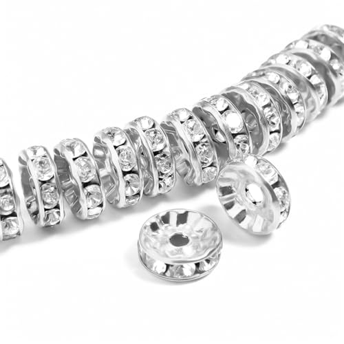 Beadtales 200 Stück Strass-Abstandshalter für Stifte, 10 mm, silberfarbene Rondelle-Kristallperlen für Schmuckherstellung, Halsketten, Armbänder von Beadtales