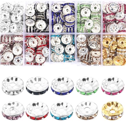 Beadtales Strass-Abstandshalter für Stifte, 10 mm, Rondelle, Kristallperlen für Schmuck, Halsketten, Armbänder, 10 Farben, 300 Stück von Beadtales