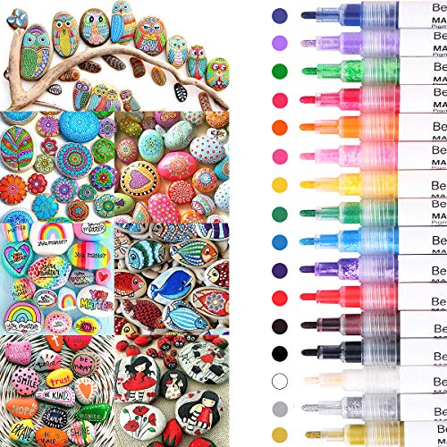 Beager Acrylstifte für Steine, 16 Farben Wasserfest Permanent Marker Steine Bemalen Stifte Acrylfarben Stifte für Leinwand Leder Papier Glas Holz Kunststoff Keramik Metall Kinder DIY Fotoalbum von Beager