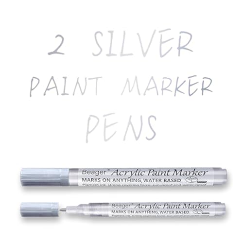 Beager 2 Pcs Silber Acrylstifte für Stein, 0,7 mm Permanent Acrylfarben Marker Wasserfest Lackstift für Glas Papier, Textil Holz Leinwand Keramik Metall Schuhe T-Shirt von Beager