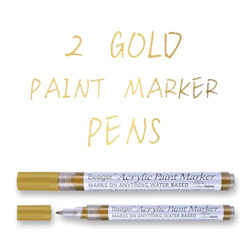 Beager 2Pcs Gold Acrylstifte für Steine, 0,7mm Permanent Marker Stifte Wasserfest Lackstift Acrylfarben Stifte Steine Bemalen Stifte für Holz Leinwand Keramik Metall Papier Glas Kunststoff von Beager