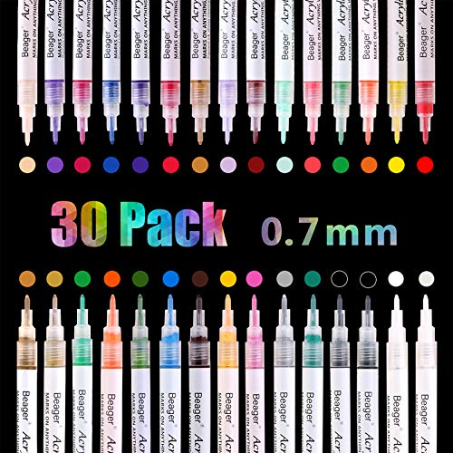 Beager Acrylstifte für Steine Wasserfest, 0,7mm Permanent Marker Stifte Lackstift Acrylfarben Stifte Steine Bemalen Stifte für Holz Leinwand Keramik Metall Papier Glas Kunststoff Leder Fotoalben 30Pcs von Beager