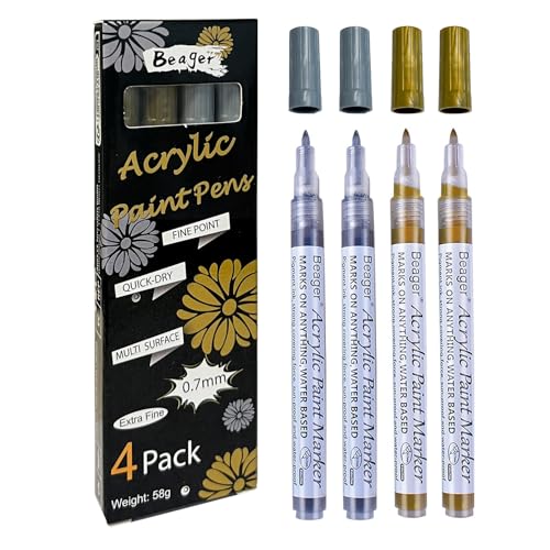 Beager Gold Silber Acrylstifte, 0,7mm Permanent Marker Stifte Wasserfest Lackstift Acrylfarben Stifte Steine Bemalen Stifte für Holz Leinwand Keramik Metall Papier Glas Stoffe Kunststoff 4Pcs von Beager