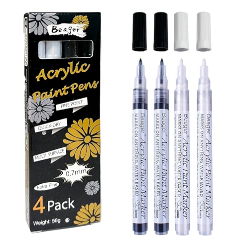 Beager Schwarz Weiß Acrylstifte für Steine, 0,7mm Permanent Marker Stifte Lackstift Wasserfest Acrylfarben Stifte Steinmalerei Stifte für Holz Leinwand Keramik Metall Papier Glas Kunststoff 4 Pcs von Beager