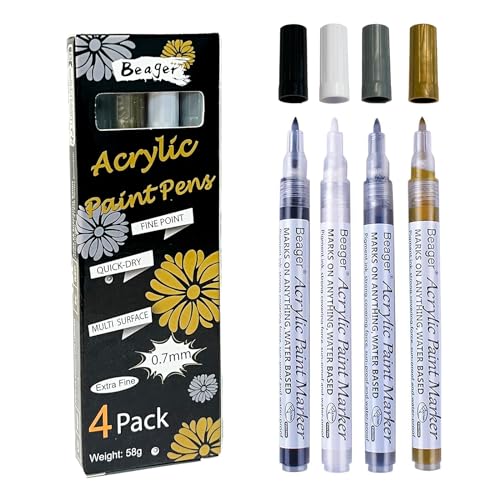 Beager Schwarz Weiß Gold Silber Acrylstifte, 0,7mm Permanent Marker Stifte Wasserfest Lackstift Acrylfarben Stifte Steine Bemalen Stifte für Holz Leinwand Keramik Metall Papier Glas Kunststoff 4Pcs von Beager