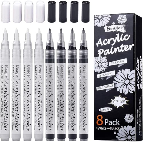 Schwarz Weiß Acrylstifte, 0,7mm Permanent Marker Stifte Wasserfest Acrylfarben Stifte Steine Bemalen Stifte für Steine Keramik Holz Metall Papier Glas Stoffe Kunststoff Leder DIY 8 Pack von Beager