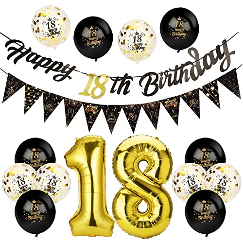 Beainfir Deko 18 Geburtstag Frauen Männer Schwarz Gold mit 1 Happy Birthday Girlande, 1 Wimpelkette Banner, Folienballon Zahl 18, 6 Luftballons Schwarz, 6 Konfetti Ballon, für Mann Frau von Beainfir