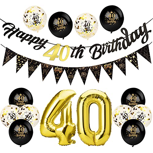 Beainfir Deko 40 Geburtstag Frauen Männer Schwarz Gold mit 1 Happy Birthday Girlande, 1 Wimpelkette Banner, Folienballon Zahl 40, 6 Luftballons Schwarz, 6 Konfetti Ballon, für Mann Frau von Beainfir