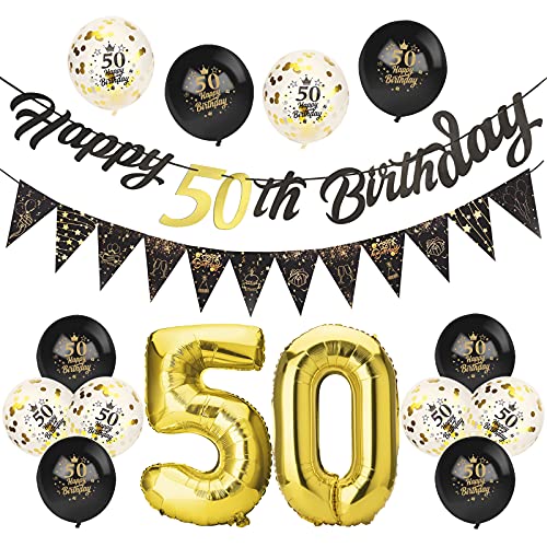 Beainfir Deko 50 Geburtstag Frauen Männer Schwarz Gold mit 1 Happy Birthday Girlande, 1 Wimpelkette Banner, Folienballon Zahl 50, 6 Luftballons Schwarz, 6 Konfetti Ballon, für Mann Frau von Beainfir