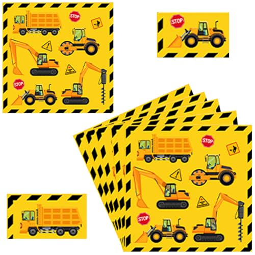 60 Stück Bagger Servietten, Bagger Bulldozer Radlader Servietten für Junge, Einweg Servietten, Buntes Papiergeschirr für den Kindergeburtstag, Thema Baustelle, 33 x 33 cm von Beatific