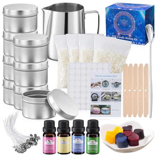 BeauFairy Kerzen Selber Machen Set, DIY Kerzenherstellung Zubehör Kit, Duftkerze Geschenke Set, Einschließlich 50 Kerzendochte, 56 Dochte Aufkleber, 8 Kerzendosen, 4 Duftöl, 8 Farbblöcken Ect, 010 von BeauFairy