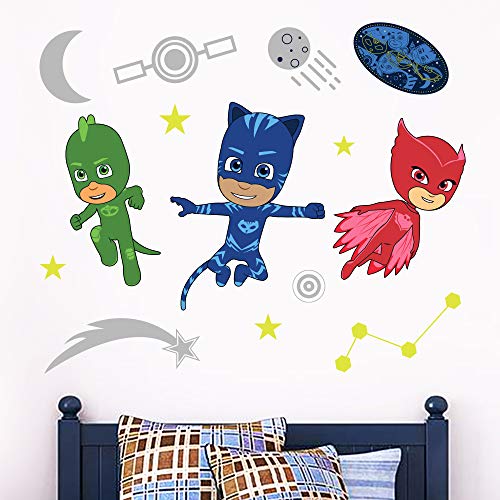 PJ Masks Night Time Wandaufkleber-Set, Eulette, Katze, Jungen, Gekko, Vinyl, 120 cm breit x 60 cm hoch von Beautiful Game