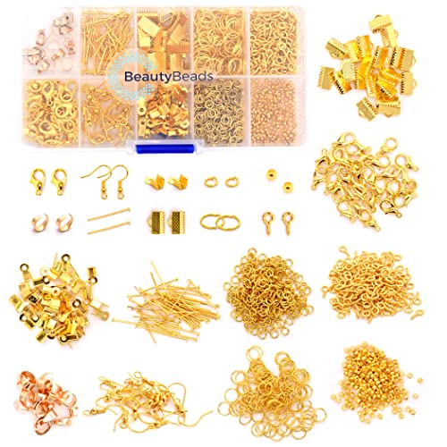 BeautyBeads Aufbewahrungsbox mit +500 Gold Teilen – Schmuckherstellung mit 10 verschiedenen Arten – Verschlüsse, Haken, Ringe – Zubehör für Armbänder, Halsketten, Ohrringe, Fußkettchen – Gold von BeautyBeads