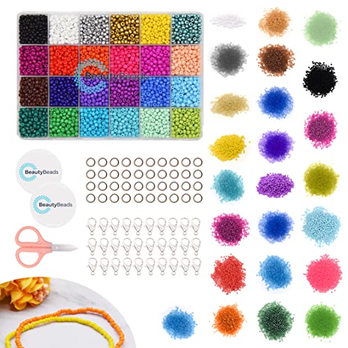 BeautyBeads Perlenset Zum Auffädeln und Selber Machen von Schmuck, Armbändern und Ohrringen – Perlenbox mit 24000 Glasperlen – Umfangreiche 24-Farben-Rocailles Schmuckset – 4mm Perlen von BeautyBeads