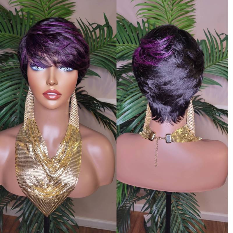 Lila Haar Perücke Swoop Bang Pixie Cut Remy 100% Human Hair Wig Kurze Frisur Farbige Glueless Perücke von Beautyblessings6