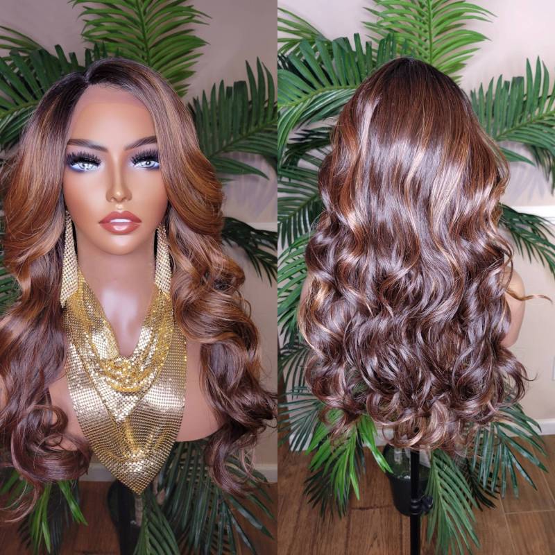 Ombre Braun Golden Blonde Spitze Perücke Frisur Long Loose Curl Erdbeer Haar Perücke Mode Glueless von Beautyblessings6