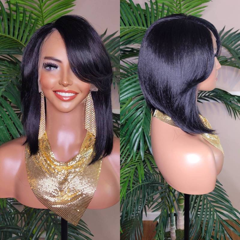 Perücke Bob Cut Swoop Bang Frisur Lace Front Razor Glueless Flexibler Scheitel Space Natürlicher Haaransatz von Beautyblessings6