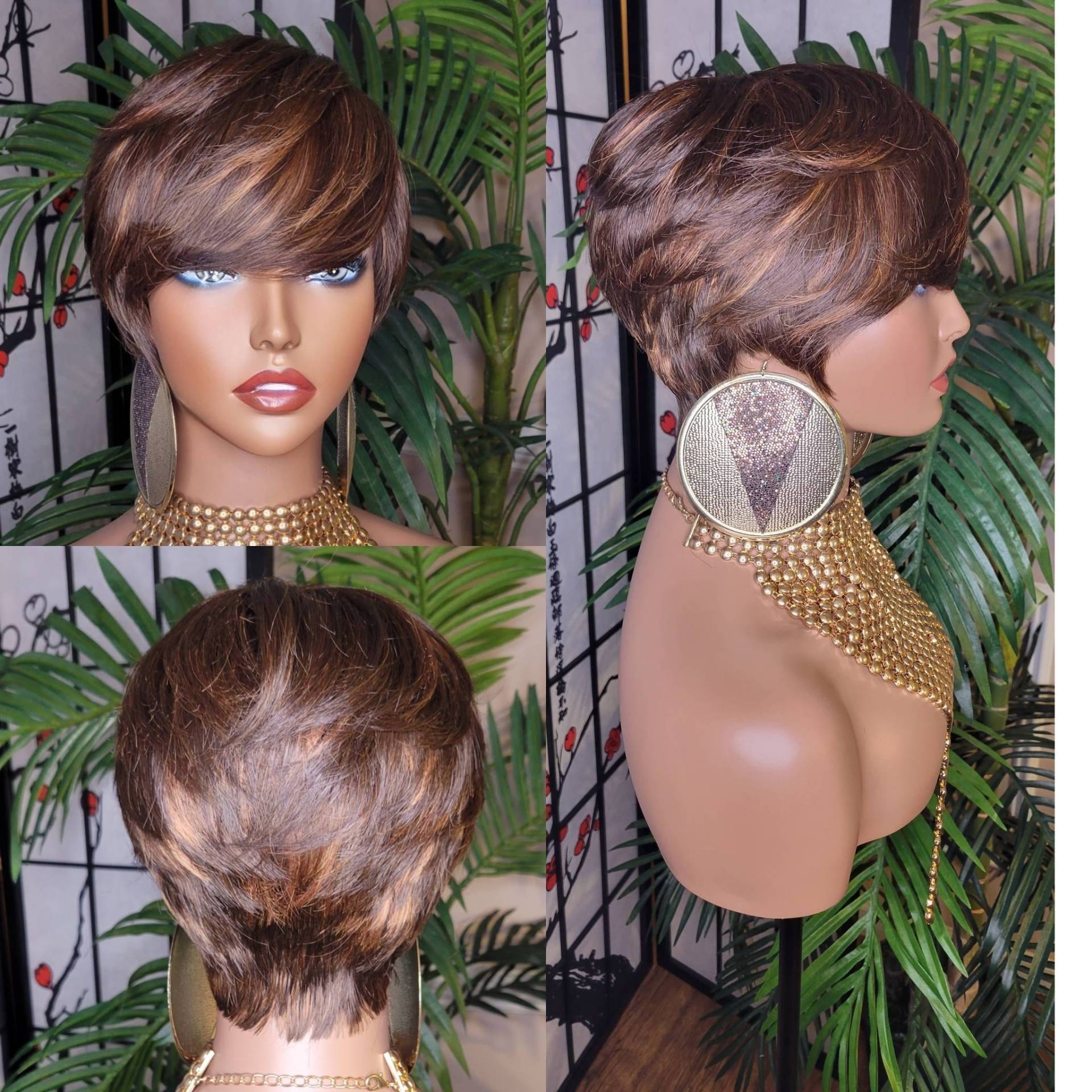 Perücke Braun Kastanienbraun Gefärbtes Haar Pixie Cut Swoop Bang Short Style Layered Hair von Beautyblessings6