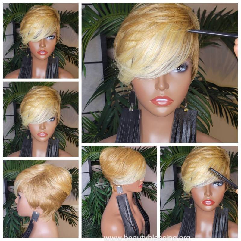 Perücke Kurze Pixie Cut Style Mit Swoop Pony Perücken Für Frauen Ombre Dirty Blonde Sandy Aschblonde Haar von Beautyblessings6