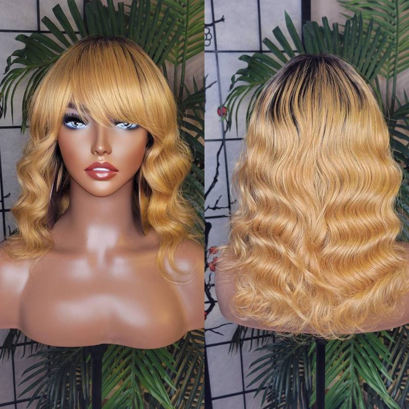 Tiefwelliges Haar Erdbeerblond Remy 100% Echthaar Perücke Wellenförmiges Swoop Bang Vollkappen-Perücke Bunthaar von Beautyblessings6