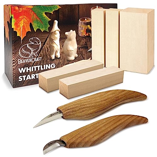 BeaverCraft Holzschnitzset für Kinder & Erwachsene - Holz Schnitzwerkzeug S16 mit Schnitzmessern Linde Holz-Blöcken zum Schnitzen, Hobby Schnitzmesserkit - Schnitzmesserset für Anfänger von BeaverCraft