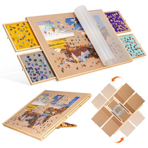 Becko US 1500-teiliges Puzzlebrett mit 4 bunten Schubladen und Abdeckung, 2-in-1-Puzzle-Tisch mit integrierter Staffelei/Ständer und Lazy Susan, tragbare Tische mit Stauraum für Erwachsene von Becko US